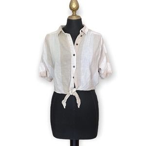 BDG Top Button Down Crop Size XS Tan and Cream Striped Short Sleeve Tie Waist